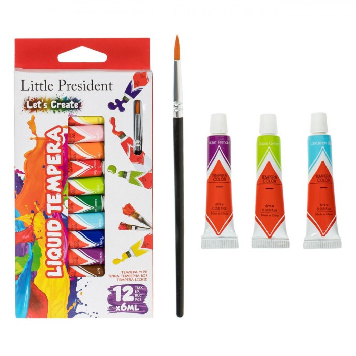 Set Culori Tempera, Little President, Multicolor, Capacitate 6 ml, 12 Bucăți, Pensulă Inclusă
