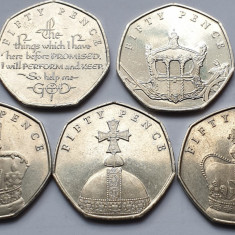 Set complet 5 monede 50 pence 2018 Isle of Man, Sapphire Coronation Anniversary