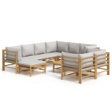 Set mobilier de gradina cu perne gri deschis, 10 piese, bambus