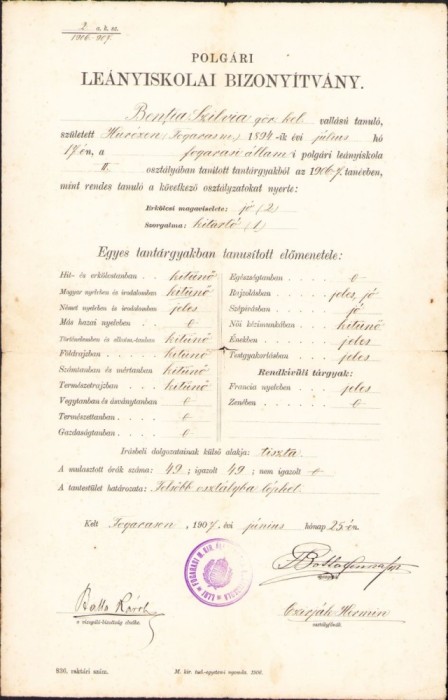 A1905 Certificat școlar, 1907, Făgăraș, elevă rom&acirc;ncă ortodoxă