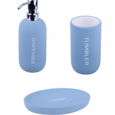 Set 3 accesorii pentru baie format din savoniera, dozator sapun si pahar igiena dentara, Ceramica cauciucata, Albastru