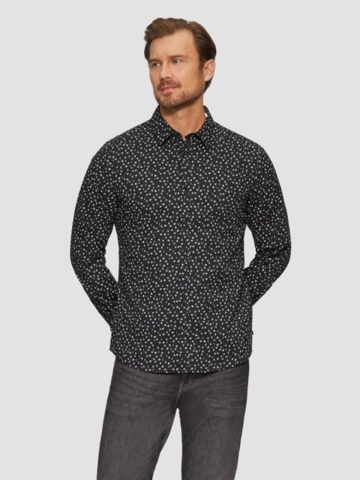 s.Oliver Camasa barbati cu maneca lunga, croiala Slim fit si imprimeu cu fazele luni, Negru, S
