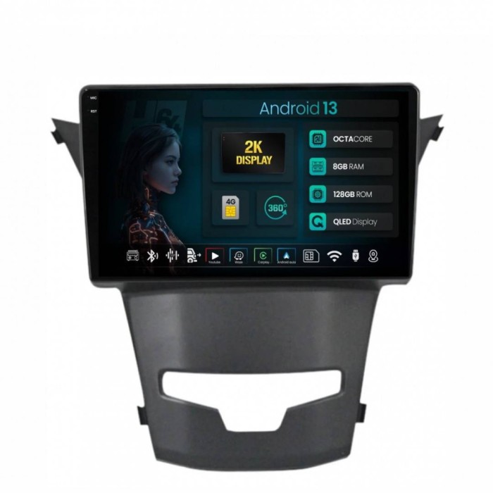 Navigatie 2K Ssangyong Korando (2013-2019) 8GB RAM Android 13 Octacore Slot Sim 4G DSP GPS Wi-FI Carplay Android Auto USB Bluetooth Waze Touchscreen 9