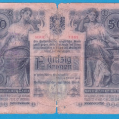 (1) BANCNOTA AUSTRO-UNGARIA - 50 KRONEN / KORONA 1902, CU STAMPILA LOCALA - RARA