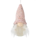 Ornament Brad Crăciun, Gnome, Figurină cu Căciulă Roz cu Paiete, 5.5x11cm, Barba și Corp Alb, Poliester, Oem
