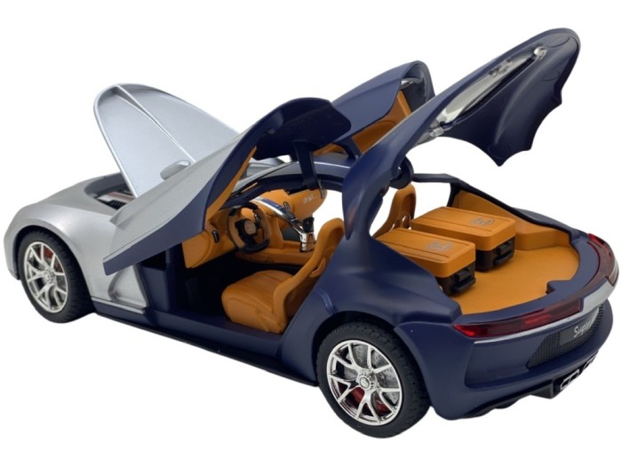 Macheta replica Bugatti albastru cu gri deschide toate usile cu sunet si lumini 1:24