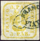 1862 , Lp 8 , Principatele Unite 3 Parale , galben - stampilat FRANCO PIATRA
