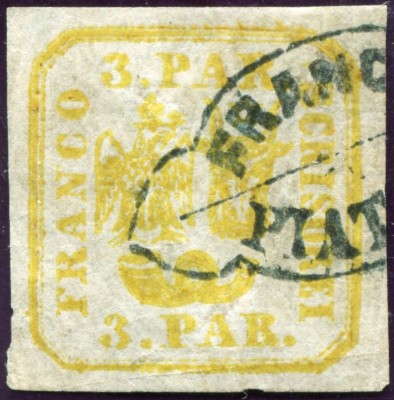 1862 , Lp 8 , Principatele Unite 3 Parale , galben - stampilat FRANCO PIATRA foto