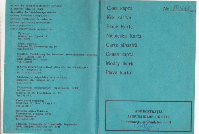 bnk div Carte albastra - Asigurare CASCO internationala - 1984