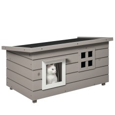 Casa din lemn pentru pisici Pawhut, Canisa de adapost ridicata pentru pisici, Casuta de joaca pentru animale de companie, cu acoperis de asfalt, Corti