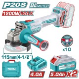 TOTAL - POLIZOR UNGHIULAR - 115MM - 20V - LI-ION (INCLUDE 2 ACUMULATORI SI INCARCATOR) PowerTool TopQuality