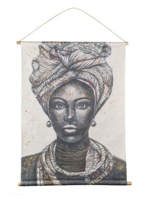 Tablou Textil Etnic Figura Alb Neagra de Femeie cu Suporturi din Lemn 76x97cm foto