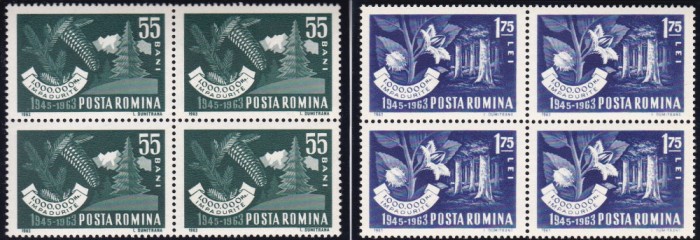 ROMANIA 1963 LP 573 IMPADURIREA BLOCURI DE 4 TIMBRE MNH