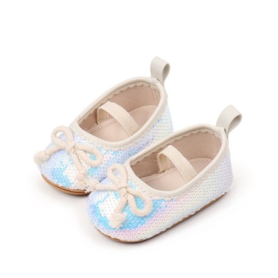 Pantofiori albi cu paiete si fundita (Marime Disponibila: 3-6 luni (Marimea 18 foto