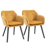 HOMCOM Set de 2 scaune pentru sufragerie cu cotiere, scaune pentru bucatarie tapitate cu catifea cu picioare din lemn, 54x56x74cm, galben