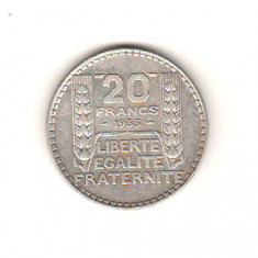 SV * Franta 20 FRANCS / FRANCI 1933 * ARGINT * XF