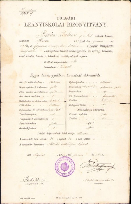A1903 Certificat școlar, 1909, Făgăraș, elevă rom&acirc;ncă ortodoxă