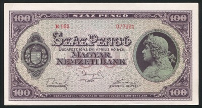 q377 UNGARIA 100 PENGO 1945 aUNC text in limba romana foto