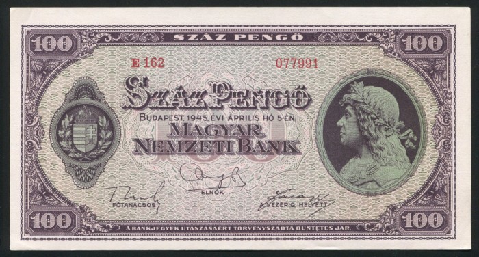 q377 UNGARIA 100 PENGO 1945 aUNC text in limba romana
