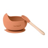 Bol anti-alunecare din silicon alimentar si lingurita, set de 2 piese pentru diversificare, Copper