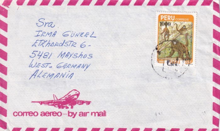 FILATELIE TEMATICA - PLIC PERU TEMATICA FAUNA MAIMUTA AIRMAIL