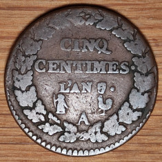 Franta - moneda de colectie - 5 centimes 1800 A - AN 9 - foarte greu de gasit !