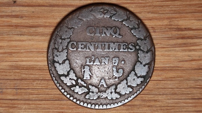 R10 Franta - moneda de colectie - 5 centimes 1800 A - AN 9 - foarte greu de gasit !
