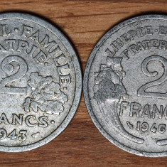 Franta - set de colectie istoric WW2 - 2 franci / francs 1943 Vichy 1946