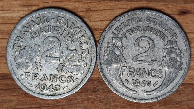 Franta - set de colectie istoric WW2 - 2 franci / francs 1943 Vichy 1946 foto