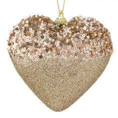 Ornament Brad Crăciun Inimă, Spumă, Paiete și Mărgele, Glitter, 11cm, Bej