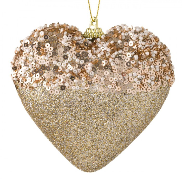 Ornament Brad Crăciun Inimă, Spumă, Paiete și Mărgele, Glitter, 11cm, Bej