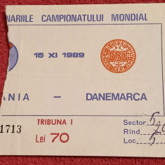 Bilet (de colectie) meci fotbal ROMANIA - DANEMARCA (15.11.1989)