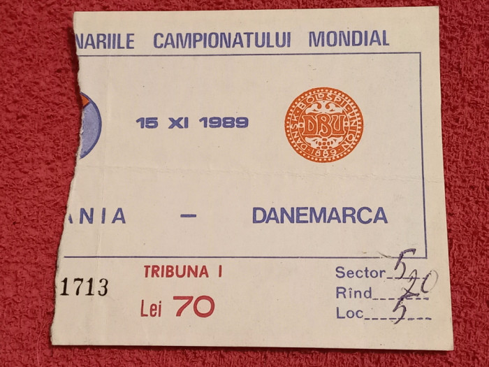 Bilet (de colectie) meci fotbal ROMANIA - DANEMARCA (15.11.1989)
