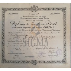 Diploma de Licenta in Drept, perioada Carol II, semnaturi Decan ( Florin Sion ) , Iasi 1935