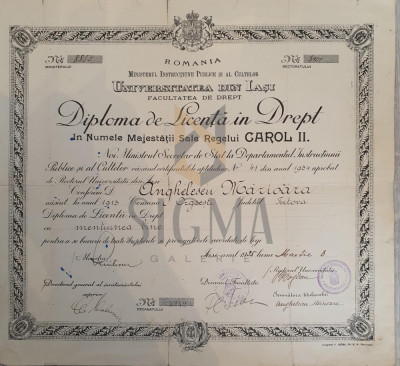 Diploma de Licenta in Drept, perioada Carol II, semnaturi Decan ( Florin Sion ) , Iasi 1935 foto