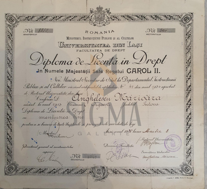 Diploma de Licenta in Drept, perioada Carol II, semnaturi Decan ( Florin Sion ) , Iasi 1935