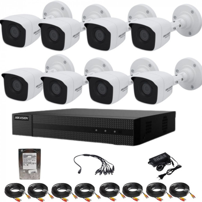 Kit supraveghere Hikvision seria HiWatch 8 camere 5 Megapixeli IR 20m DVR 8 canale Hard 1TB Accesorii incluse SafetyGuard Surveillance