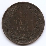 Romania 10 Bani 1867 Heaton - Carol I, Cupru, 25 mm, KM-4.1 (5)