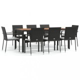 Set mobilier de gradina cu perne, 9 piese, negru, poliratan