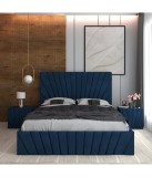 Pat Tapitat Toma Albastru + Saltea Lux Ortopedica + Noptiere Tapitate 140x200cm