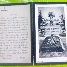 E536-WW2- Act deces cu Mormant Ofiter german HANS THOMAS cu casca militara 1943.