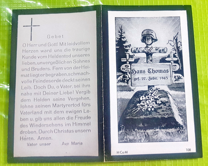 E536-WW2- Act deces cu Mormant Ofiter german HANS THOMAS cu casca militara 1943.