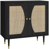 HOMCOM Bufet de bucătărie mobilier de depozitare design boem cu dublă uși și 2 nivele, fațadă din răchită 80 x 38 x 79 cm negru | Aosom Romania