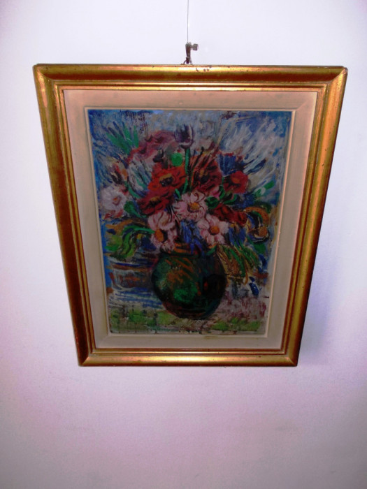 Nuni Dona (1916-2009) &quot;Vas cu flori&quot;, ulei/carton, tablou autentic, 51x40 cm