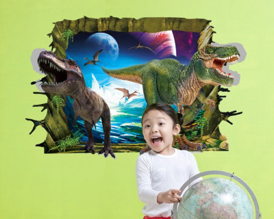 Sticker decorativ 3D, Gaura in perete spre lumea dinozaurilor 85 cm, 424STK foto