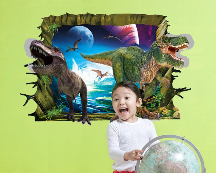 Sticker decorativ 3D, Gaura in perete spre lumea dinozaurilor 85 cm, 424STK