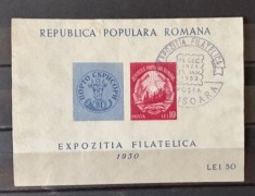 ROMANIA 1950 - EXPOZITIA FILATELICA, COLITA, STAMPILA TIMISOARA - LP 260