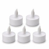 Cumpara ieftin Set 5 lumanari decorative LED albe 4.1 x 3.9 cm, iluminare galbena, efect flacara, 15 baterii LR41 AG3 incluse, pentru decor mese, sarbatori si evenim