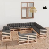 vidaXL Set mobilier grădină cu perne, 12 piese, lemn masiv de pin 3077004