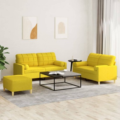 vidaXL Set de canapele cu perne, 3 piese, galben deschis, textil foto
